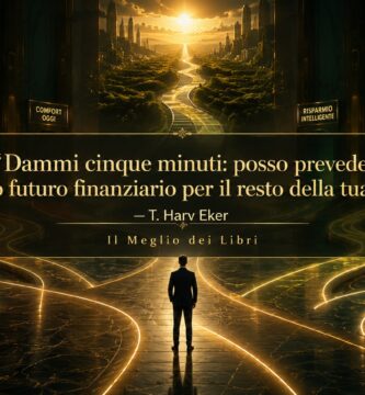 Ritratto simbolico ispirato a T. Harv Eker con percorsi finanziari e frase sul futuro economico.