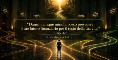 Ritratto simbolico ispirato a T. Harv Eker con percorsi finanziari e frase sul futuro economico.