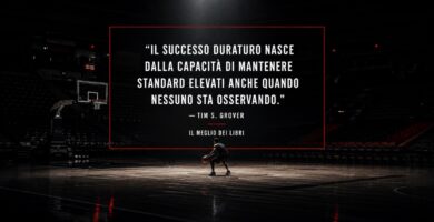 Ritratto simbolico ispirato a Tim Grover con allenamento solitario e frase sulla disciplina e il successo duraturo.