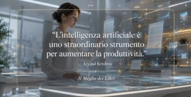 Rappresentazione simbolica di Arvind Krishna con una persona che collabora con un'intelligenza artificiale per aumentare la produttività.
