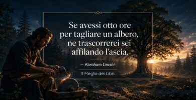 Rappresentazione simbolica ispirata ad Abraham Lincoln con una persona che affila un'ascia prima di affrontare un grande albero.