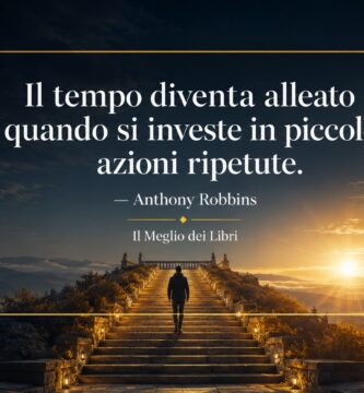 Rappresentazione simbolica ispirata ad Anthony Robbins con una persona che sale gradualmente una lunga scalinata verso la vetta.