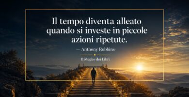 Rappresentazione simbolica ispirata ad Anthony Robbins con una persona che sale gradualmente una lunga scalinata verso la vetta.