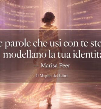 Rappresentazione simbolica ispirata a Marisa Peer con parole luminose che modellano l'identità personale.