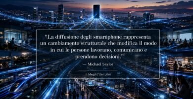 Rappresentazione simbolica ispirata a Michael Saylor con una città connessa dagli smartphone e dalle reti digitali.