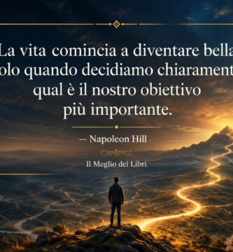Rappresentazione simbolica ispirata a Napoleon Hill con un percorso illuminato verso un obiettivo di vita.