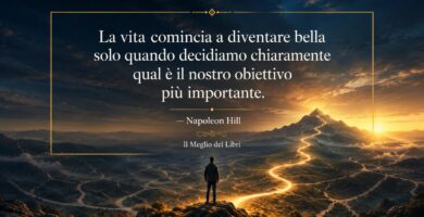 Rappresentazione simbolica ispirata a Napoleon Hill con un percorso illuminato verso un obiettivo di vita.
