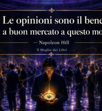 Rappresentazione simbolica ispirata a Napoleon Hill con una persona che segue il proprio giudizio tra molte opinioni.