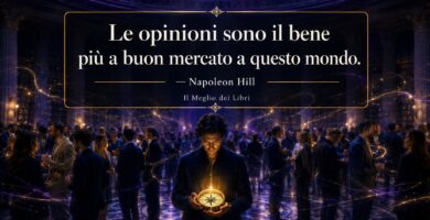 Rappresentazione simbolica ispirata a Napoleon Hill con una persona che segue il proprio giudizio tra molte opinioni.
