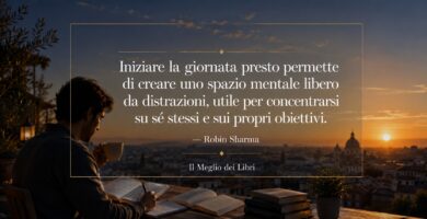 Rappresentazione simbolica ispirata a Robin Sharma con alba e momento di concentrazione personale.