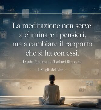 Ritratto simbolico della meditazione con una persona che osserva serenamente i propri pensieri senza cercare di eliminarli.