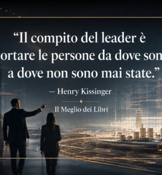 Ritratto simbolico della leadership con una figura che guida un gruppo verso possibilità ancora inesplorate, ispirato a Henry Kissinger.